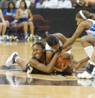Broome's 10 Tiffany Fields and # 22 Seneca Turner fight Lees # 25 Lechell Rush over this loose ball. Broome vs Lee Central Sat. afternoon.