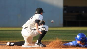 Wofford played Kentucky on their opening day, Frday Feb. 17, 2012. Here Kentuckys' 19, Austin Cousino is held on 1st by pitcher 13, J.D. Osborne and 1st baseman 25, Konstantine Diamaduros at King Field..